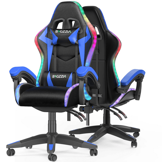 Bigzzia Gaming Chair with LED Lights, Computer Chair with Lumbar Support, Ergonomic High Back Video Game Chair with Swivel Seat and Headrest, Blue