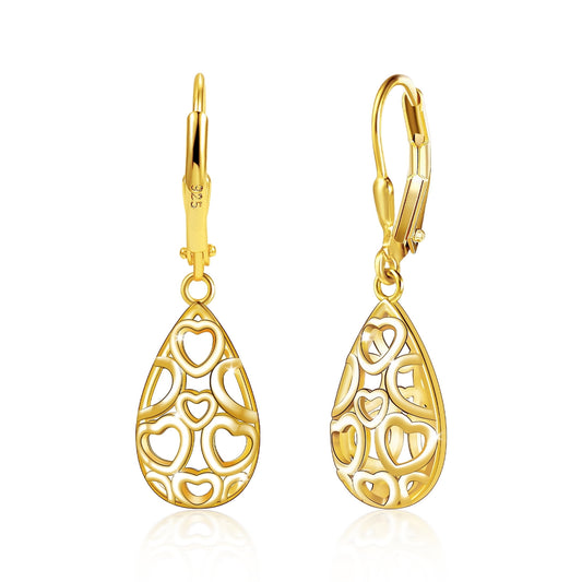 14K Gold Plated Teardrop Dangle Earrings for Women Sterling Silver Tear drop Leverback Earrings Hypoallergenic Sterling Silver Filigree Earrings for Jewelry Gifts for Mom Womens