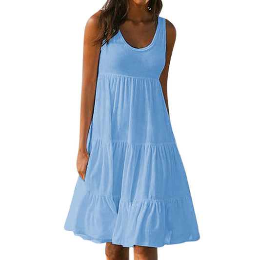 ZZwxWA Womens Summer Holiday Beach Dress Solid Color Sleeveless Tank Plus Size Pleated Swing U Neck Party Sundress Loose Fit Bodycon Midi Dresses