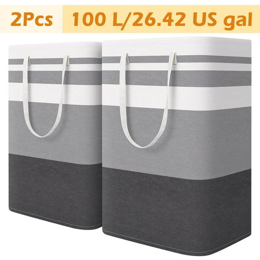 2-Pack Extra Large Laundry Basket, Waterproof, Freestanding Laundry Hamper, Collapsible Tall Clothes Hamper with Extended Handles for Clothes Toys, 100L/26.42 gal, Black&Grey&White