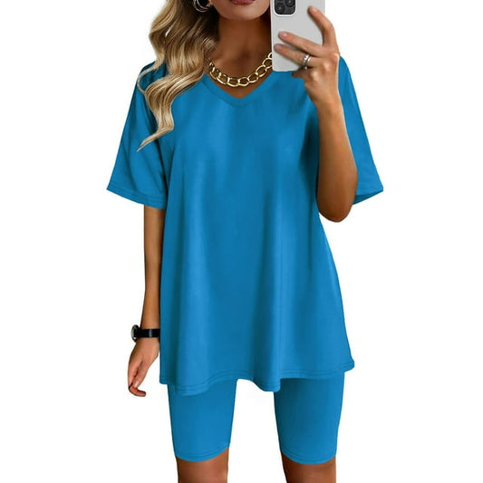 2 Piece Outfits for Women Juniors Shorts Sets Summer V Neck Loose Top and Short Leggings Workout Tracksuit (M, Sky Blue)