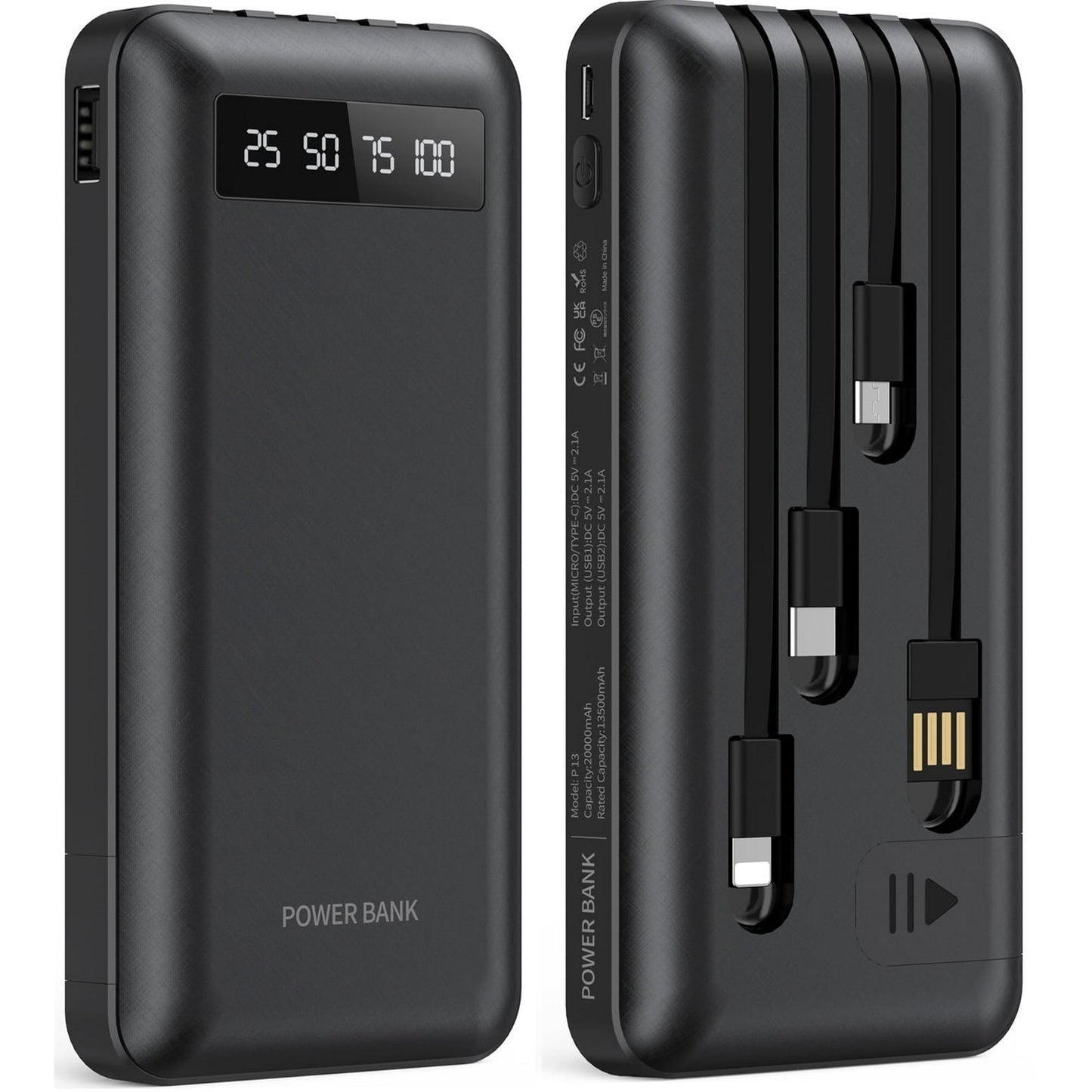 20000mAh Power Bank Portable Charger with Cables, USB Battery Pack Compatible for iPhone & Android Cell Phone