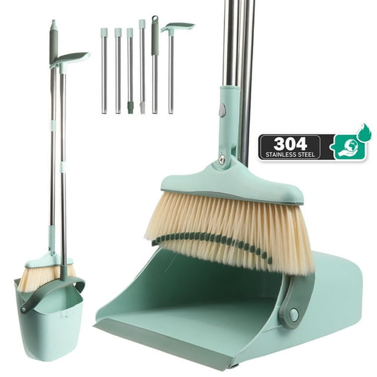 2024 Upgrade 58.1''Broom and Dustpan Set for Home, Broom and Dustpan Combo for Home Office, Stand up Broom and Self-Cleaning with Dustpan Teeth,Green