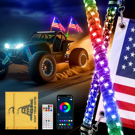 3FT Led Whip Lights, Bluetooth App Control RGB Lighting + US Flag & Remote Spiral LED Light, 20 Colors, 366 Lighting Modes for ATV UTV Jeep Truck SxS, Pack of 2