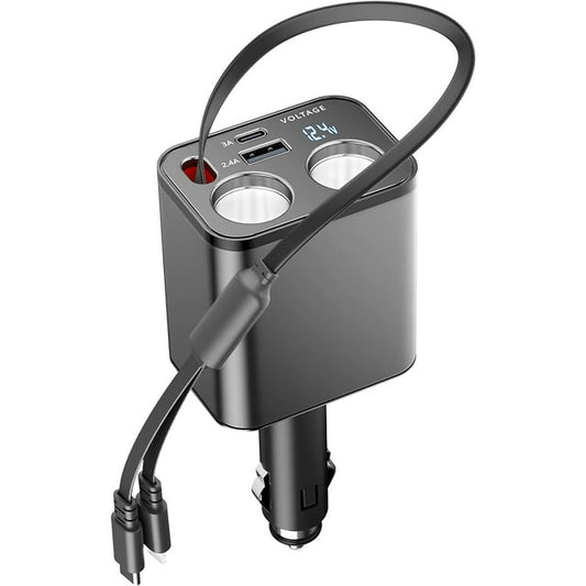 5 in 1 Retractable Car Charger Cigarette Lighter Splitter,159W Fast Car Charger with 2 in 1 Retractable Cable,Dual USB Port&Dual Cigarette Lighter,Compatible with iPhone,Car Electronic Devices