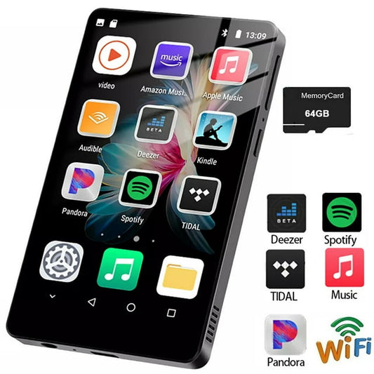 96GB MP3 Player with Spotify,4" Touch Screen 1080P HD Video Mp3 & Mp4 Player with Bluetooth WiFi,HiFi Lossless Sound Android Music Player with Audible,Browser,Amazon Music,FM Radio Support Up 512GB