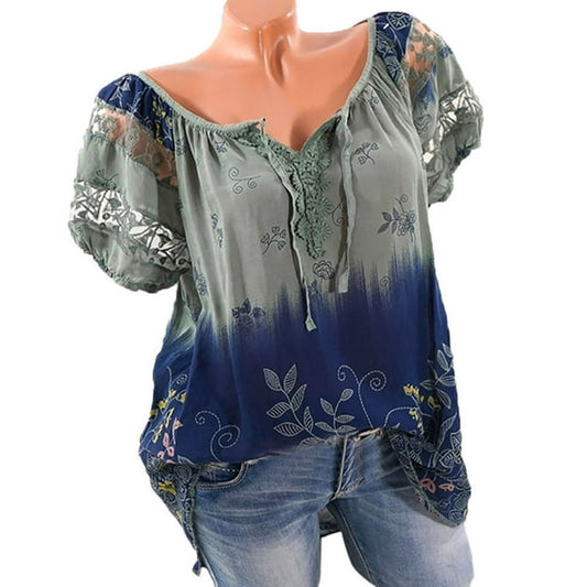 Aoujea Women's Plus Size Tops Short Sleeve Shirts Printed Lace Pleated Tunic Causal Tee Blouses Women Tops on sale under $10 S-5XL