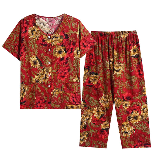 ZZwxWA Womens Pajamas 2024 Trendy Floral Print Womens Summer Casual Two-Piece Suit Cotton Linen Button Down Oversize Pajamas Plus Size with Pocket Pjs Sets Short Sleeve Outfits Red XL